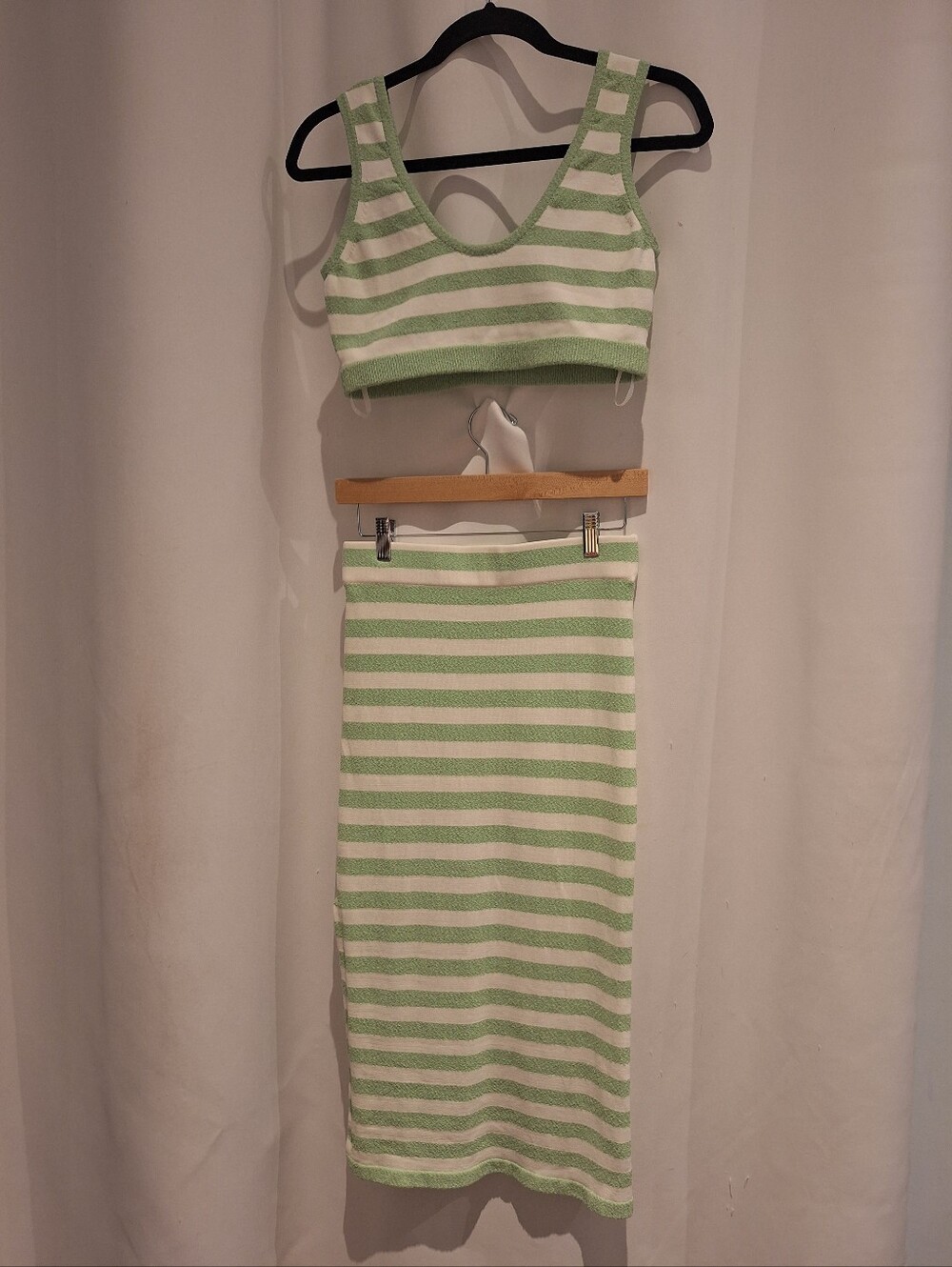 Ronny Kobo Striped Knit Two-Piece Dress Set in Light Green and White